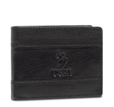 US POLO ASSN. MEN'S UNION HORIZONTAL LEATHER WALLET W/COIN HOLDER IN BLACK