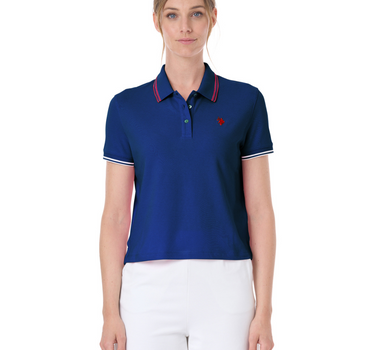 US POLO WOMEN SHORT-SLEEVED STRETCH COTTON MICROPIQUE POLO SHIRT WITH STRIPE DETAILING