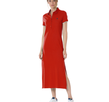 US POLO WOMEN STRETCH MICROPIQUE COTTON SHORT-SLEEVED LONG DRESS