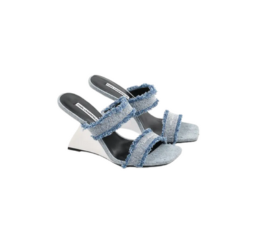 KARL LAGERFELD WAVERLY TWIN STRAP DENIM HEELED SANDALS