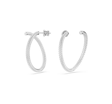 SWAROVSKI DEXTERA HOOP EARRINGS, ROUND CUT, WHITE, RHODIUM PLATED