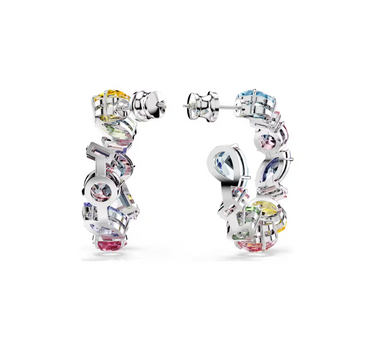 SWAROVSKI GEMA HOOP EARRINGS, ASYMMETRICAL DESIGN, MIXED CUTS,SMALL MULTICOLORED, RHODIUM PLATED