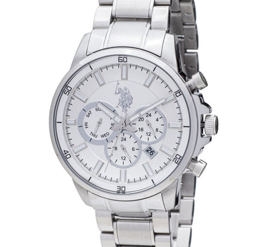 US POLO ASSN. MEN'S RHODIUM PLATED STAINLESS STEEL BAND WITH PERSON. S.S. BUCKLE