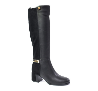 LAURA BIAGOTTI BLOCK HEEL KNEE HIGH  BOOT IN BLACK WITH GOLD DETAILING