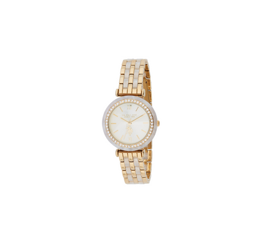 US POLO WOMEN ELOISE WHITE MARBLE RESIN BAND WITH YELLOW GOLD PLATED METAL LINKS