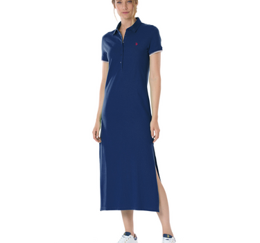 US POLO WOMEN STRETCH MICROPIQUE COTTON SHORT-SLEEVED LONG DRESS