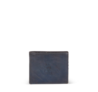US POLO ASSN. MEN HORIZ.WALLET W/ COIN HOLD LEATHER IN BLUE